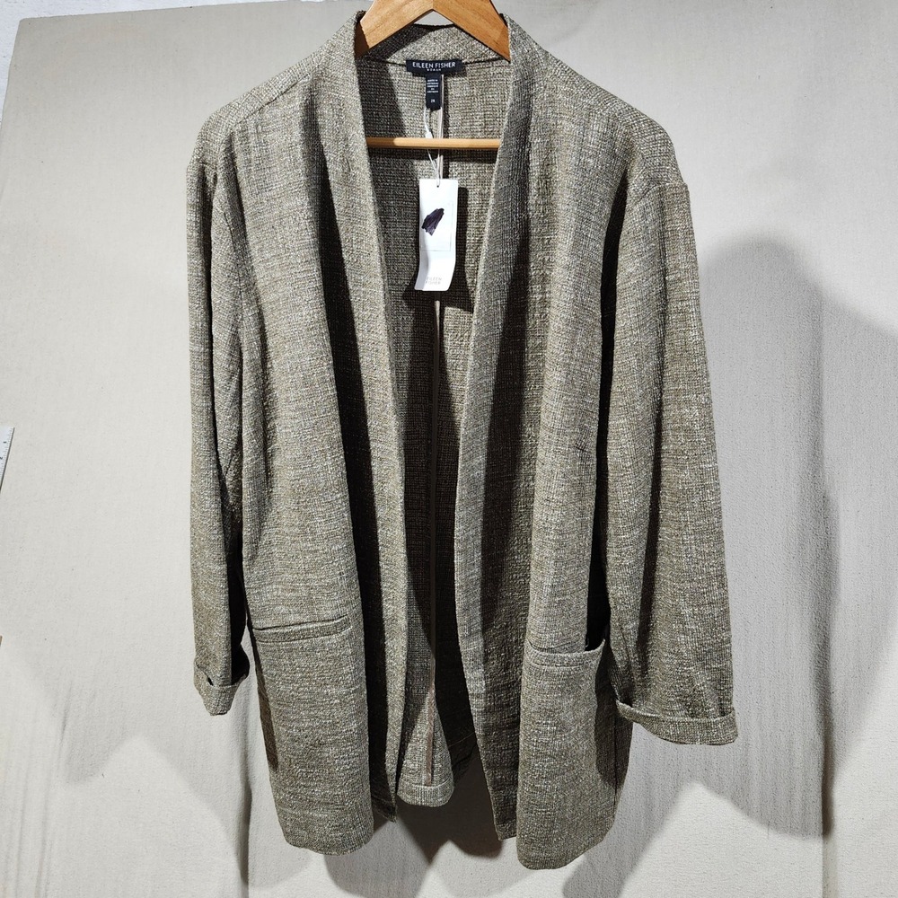 Eileen Fisher Woman 2X Silk Lined Tweed Open Front Cardigan Jacket Brown NEW